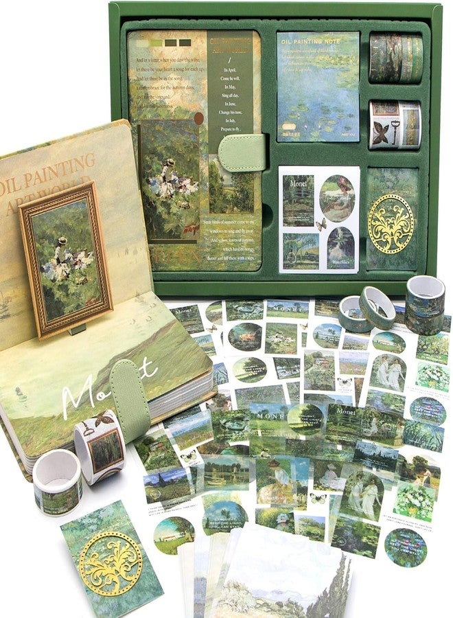 PLUSPOINT Vintage Aesthetic Paper Scrapbook Kit with 346 Pcs Complete Scrapbooking Supplies Set Featuring Bullet Junk Journal | A6 Grid Notebook | Elegant Stationery in Charming Green Stickers - Image 1